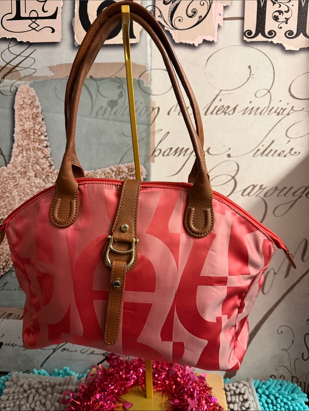 Etienne Aigner Pink Patterned Shoulder Tote with Brown Handles